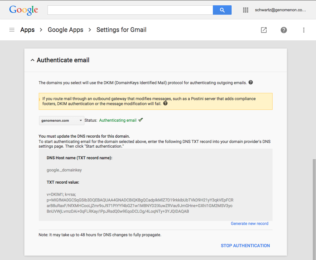Google Apps Gmail DKIM Settings