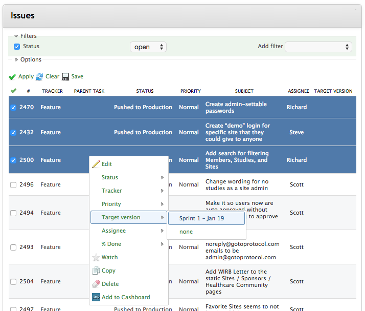 Sprints Redmine Mass-assign Issue
