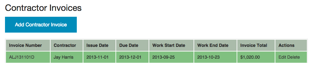 Subcontractor Invoice List
